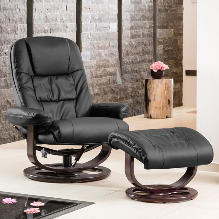 Armchair - THERAVO Leather Swivel Recliner with Stool and Heated Massage Chair - Black