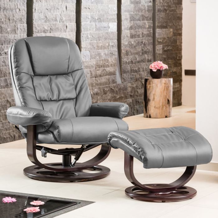 Armchair - THERAVO Leather Swivel Recliner Chair with Stool - Grey