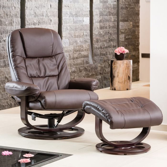 Armchair - THERAVO Leather Swivel Recliner with Stool and Heated Massage Chair - Brown