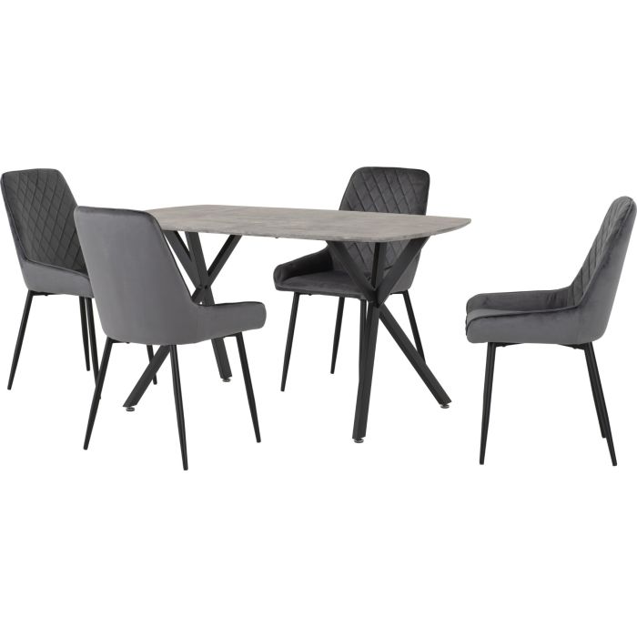 Athens Rectangular Dining Set with Avery Chairs - Concrete Effect Black Grey Velvet