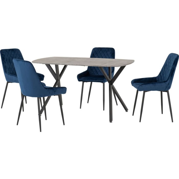 Athens Rectangular Dining Set with Avery Chairs - Concrete Effect Black Sapphire Blue Velvet