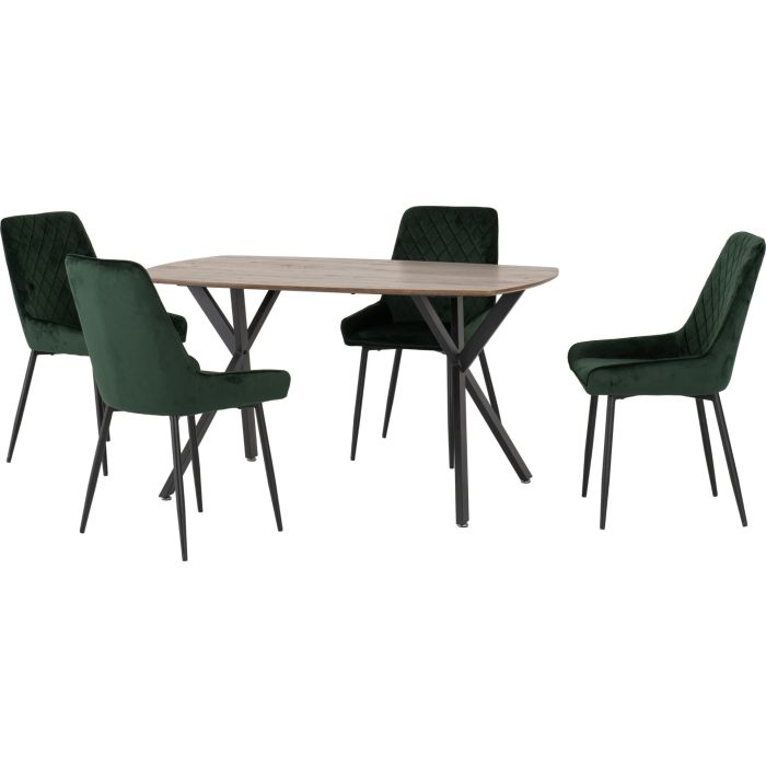Athens Rectangular Dining Set with Avery Chairs - Oak Effect Black Emerald Green Velvet