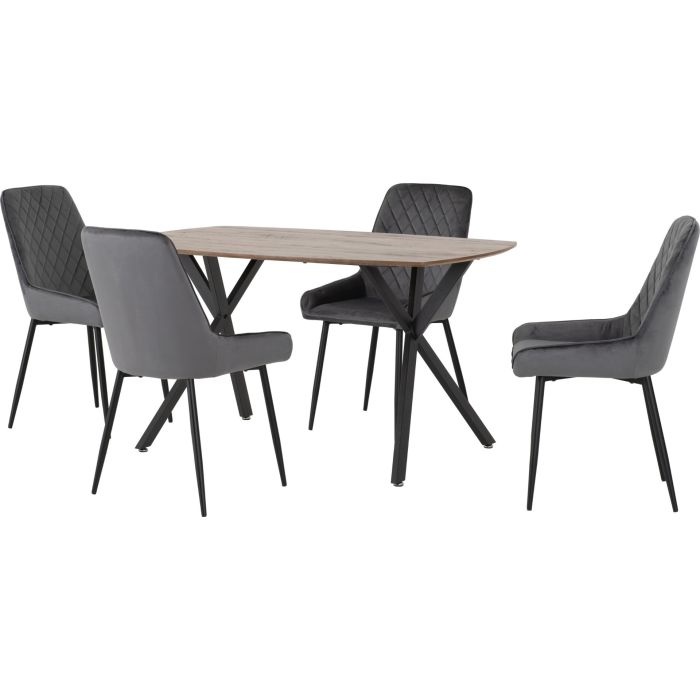 Athens Rectangular Dining Set with Avery Chairs - Oak Effect Black Grey Velvet