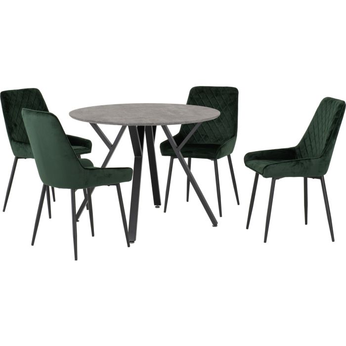 Athens Round Dining Set with Avery Chairs - Concrete Effect Black Emerald Green Velvet