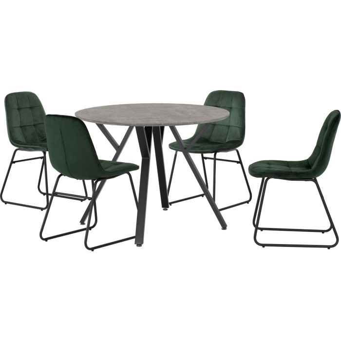 Athens Round Dining Set with Lukas Chairs - Concrete Effect Black Emerald Green Velvet