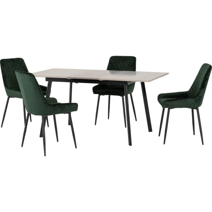Avery Extending Dining Set with Avery Chairs - Concrete Grey Oak Effect Black Emerald Green Velvet