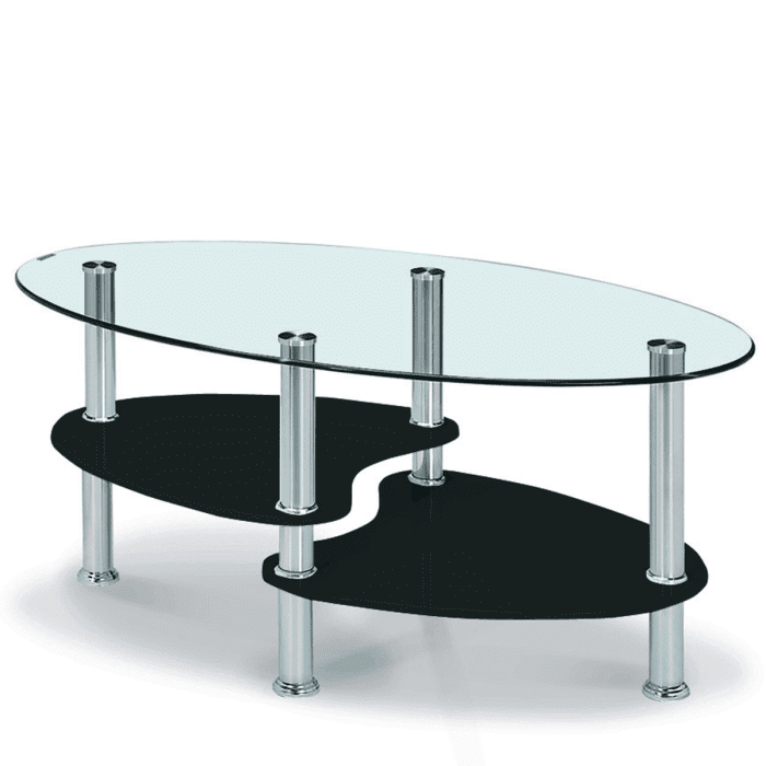 Matlock Oval Glass Coffee Table with Stylish Shelving in Stainless Steel Frame - Black