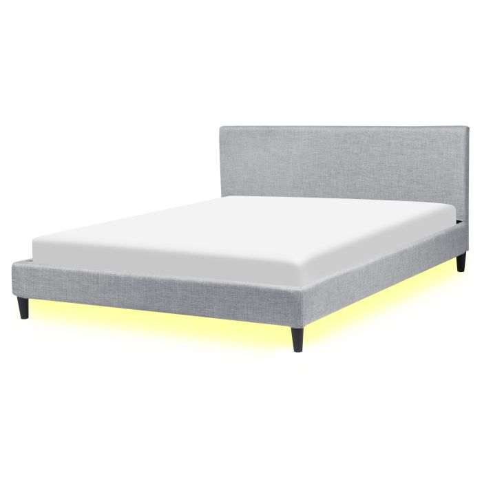 Fabric EU King Size Bed White LED Light Grey FITOU