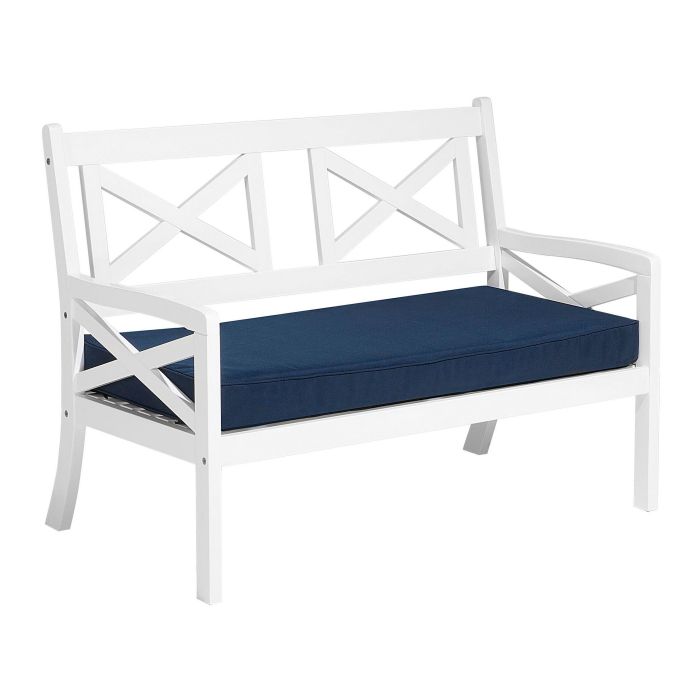 Acacia Wood Garden Bench White 121 cm with Blue Cushion BALTIC