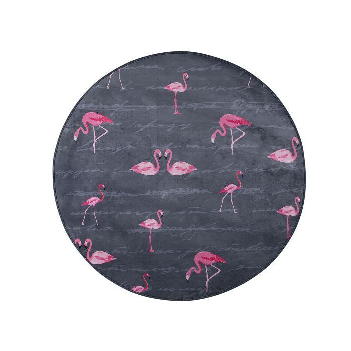 Round Area Rug Flamingo Print 120cm Grey