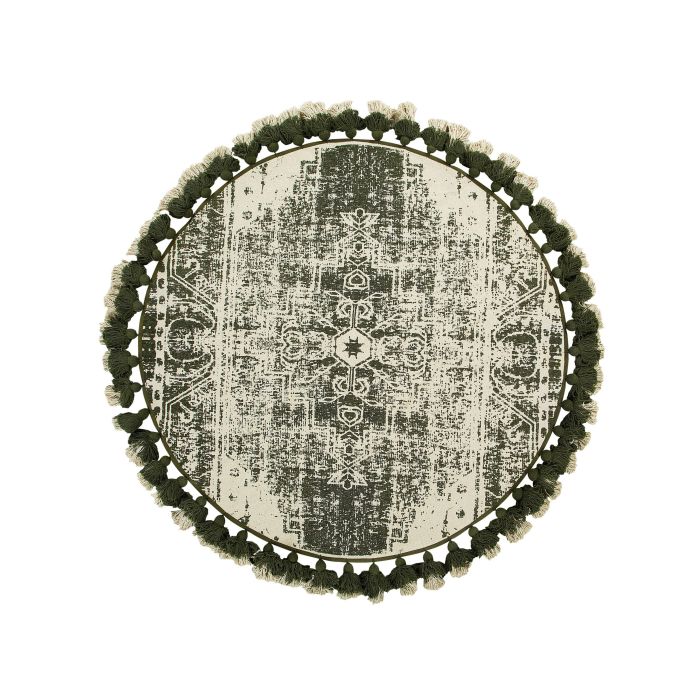 Round Cotton Area Rug with Tassels 120cm Cream and Green