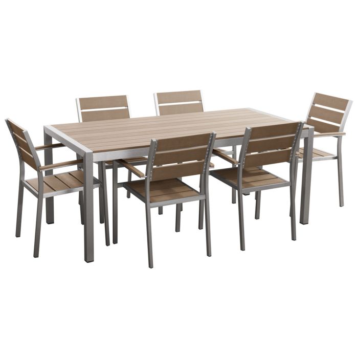 6 Seater Aluminium Garden Dining Set Light Wood and Silver VERNIO