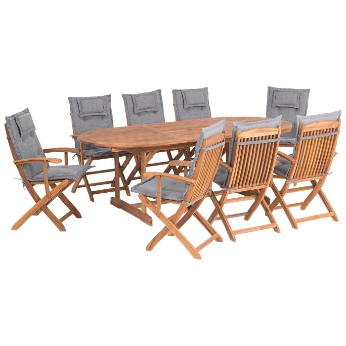 8 Seater Acacia Wood Garden Dining Set with Grey Cushions MAUI