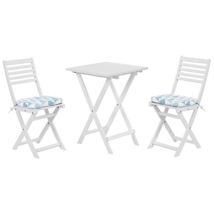 Acacia Wood Garden Bistro Set with Blue Triangles Cushions White FIJI