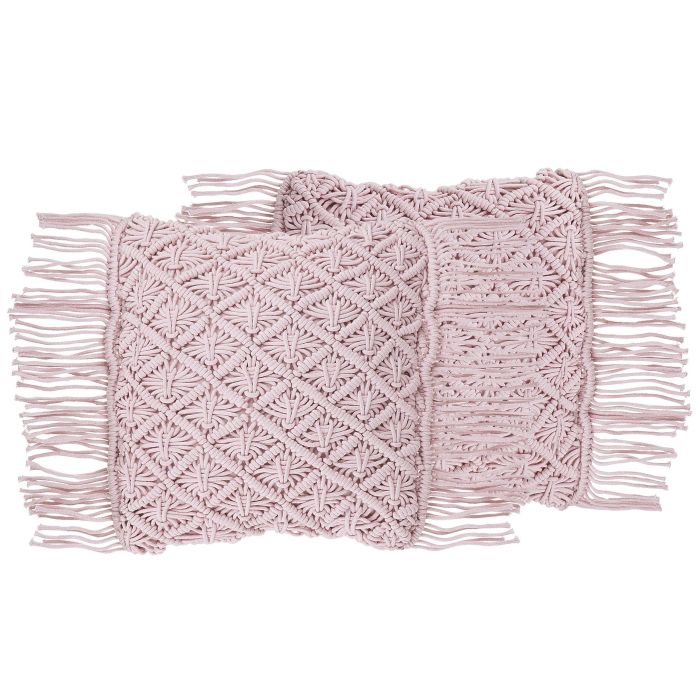 Set of 2 Cotton Macramé Cushions with Tassels 40x40cm Pink