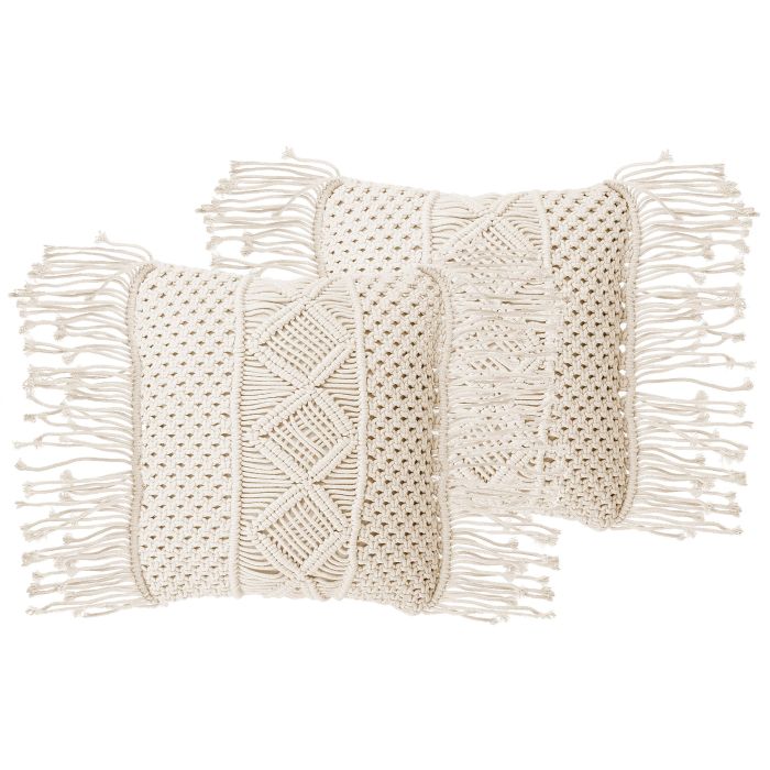 Set of 2 Cotton Macrame Cushions with Tassels 40x45cm Beige