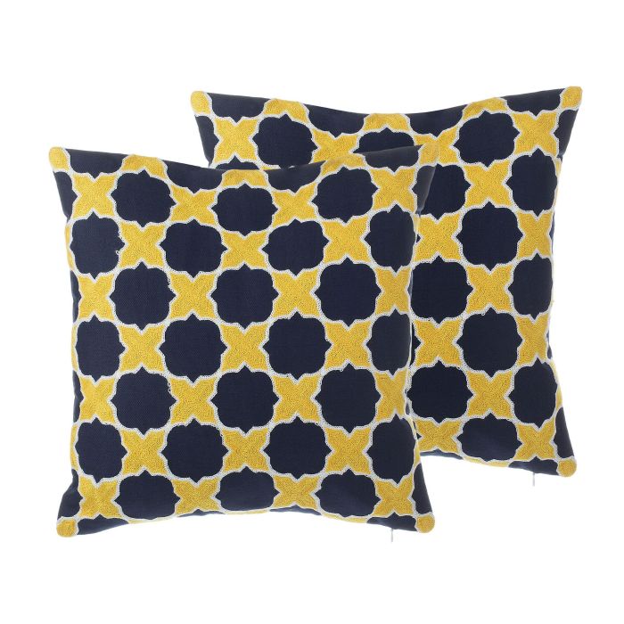 Set of 2 Cotton Cushions Quatrefoil Pattern 45x45cm Blue and Yellow