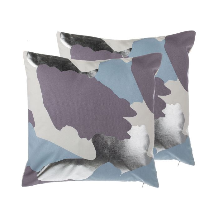 Set of 2 Cotton Cushions Abstract Pattern 45x45cm Purple and Silver