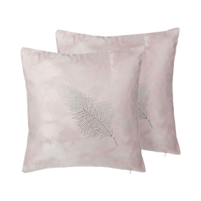 Set of 2 Studded Cushions Feather Motif 45x45cm Pink