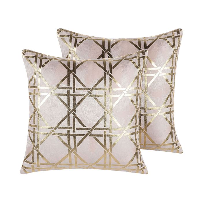 Set of 2 Cushions Geometric Pattern 45x45cm Pink with Gold