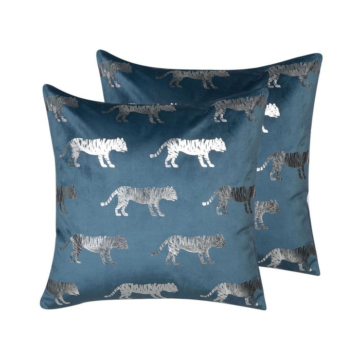 Set of 2 Velvet Cushions Tiger Motif 45x45cm Blue