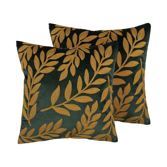 Set of 2 Velvet Cushions Leaf Pattern 45x45cm Emerald Green
