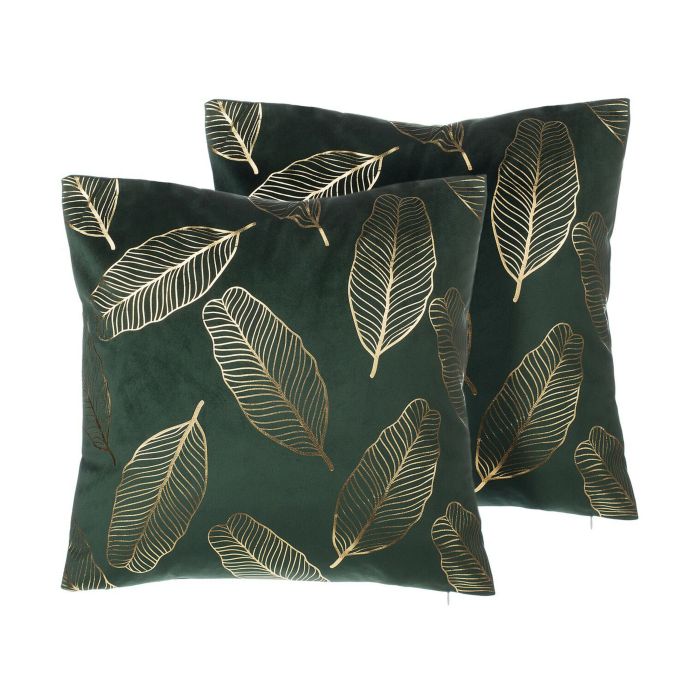 Set of 2 Velvet Cushions Leaf Pattern 45x45cm Emerald Green