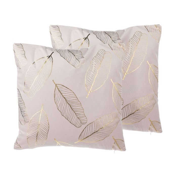 Set of 2 Velvet Cushions Leaf Pattern 45x45cm Pink