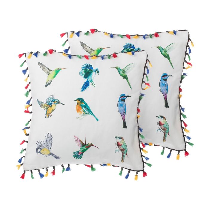 Set of 2 Cushions Bird Motif 45x45cm White