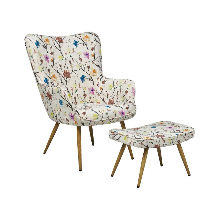 Wingback Chair with Footstool Floral Pattern Cream VEJLE II