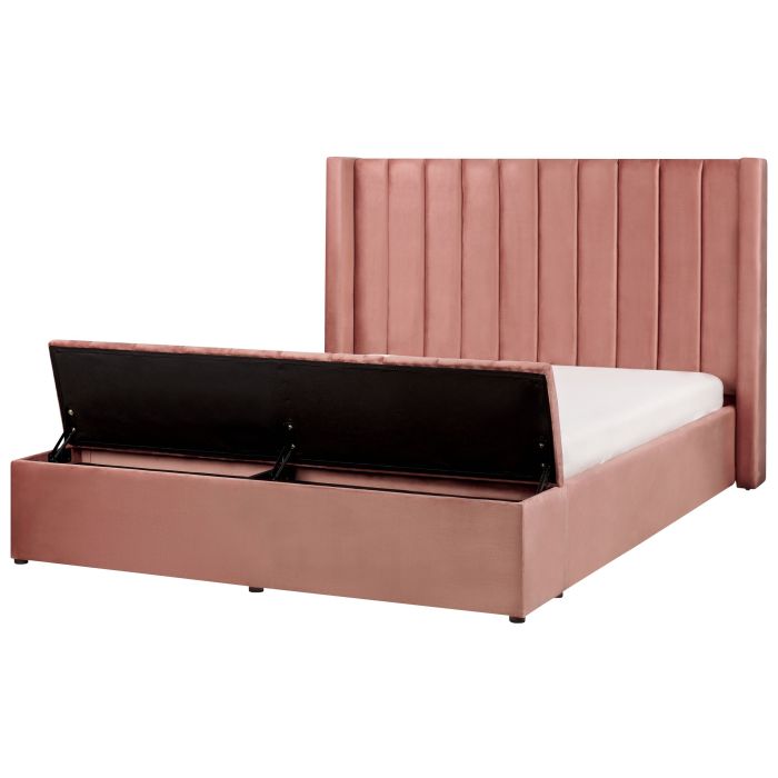 EU King Size Panel Bed Pink Velvet 5ft3 Slatted Base High Headrest with Storage Bench 
