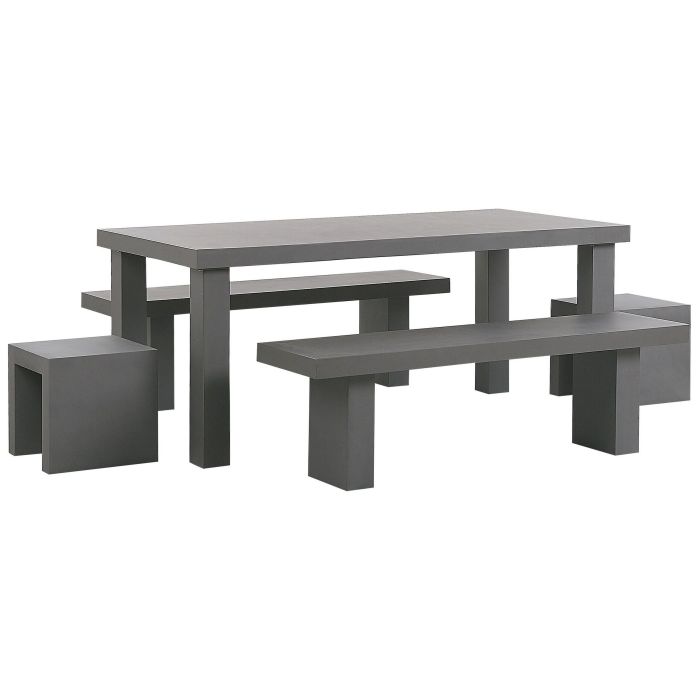 6 Seater Concrete Garden Dining Set Benches and Stools Grey TARANTO