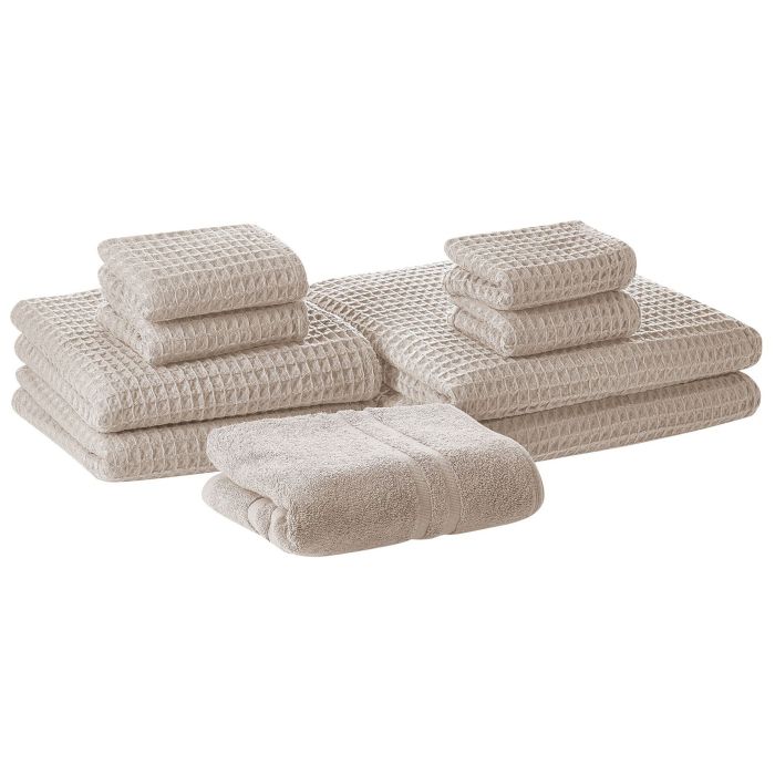 Set of 9 Cotton Towels Beige AREORA