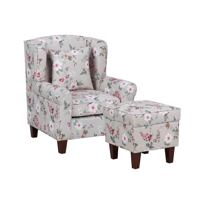 Fabric Wingback Chair with Footstool Floral Pattern Cream HAMAR