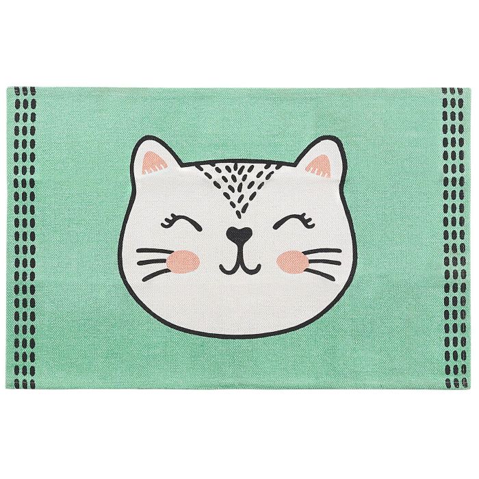 Cotton Kids Rug Cat Print 60x90cm Green