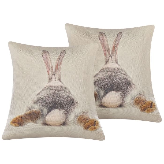 Set of 2 Cushions Rabbit Print 45x45cm Taupe