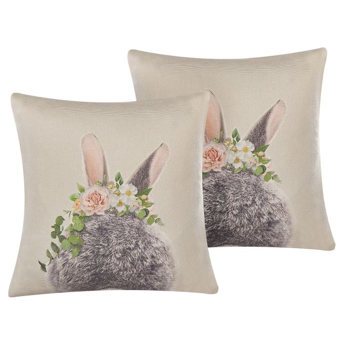 Set of 2 Cotton Cushions Rabbit Print 45x45cm Taupe