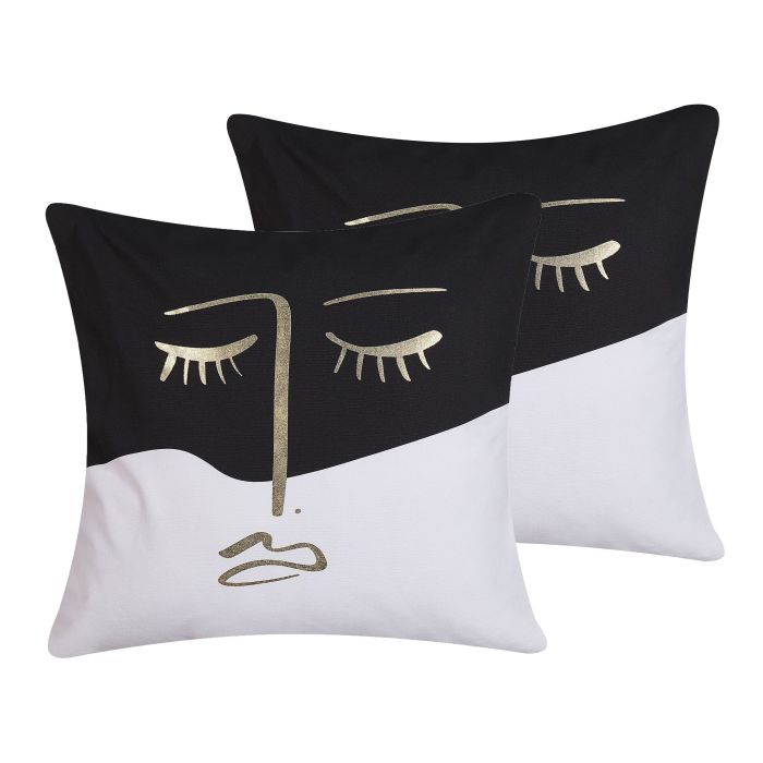 Set of 2 Cotton Cushions Face Print 45x45cm Black and White