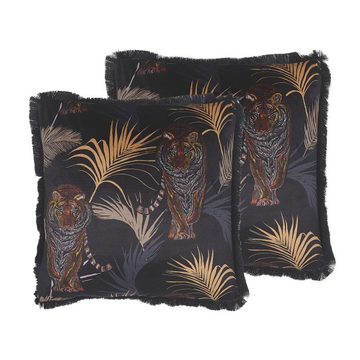 Set of 2 Fringed Cushions Tiger Motif 45x45cm Black