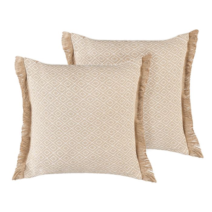 Set of 2 Fringed Cushions Geometric Pattern 45x45cm Beige