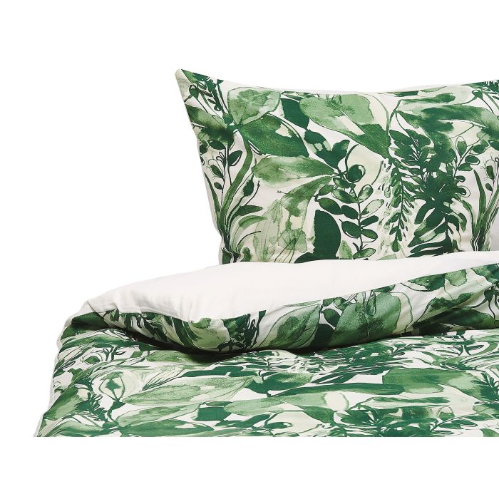 Cotton Sateen Duvet Cover Set Leaf Pattern 135 x 200 cm White and Green GREENWOOD
