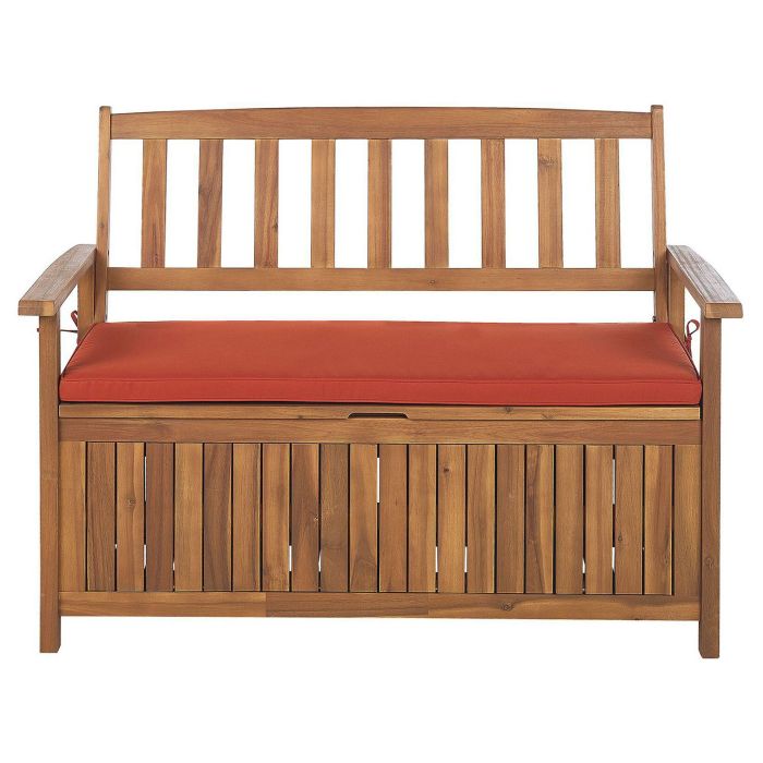 Acacia Wood Garden Bench with Storage 120 cm Light with Red Cushion SOVANA