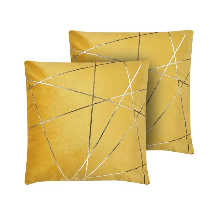 Set of 2 Velvet Cushions Geometric Pattern 45x45cm Yellow