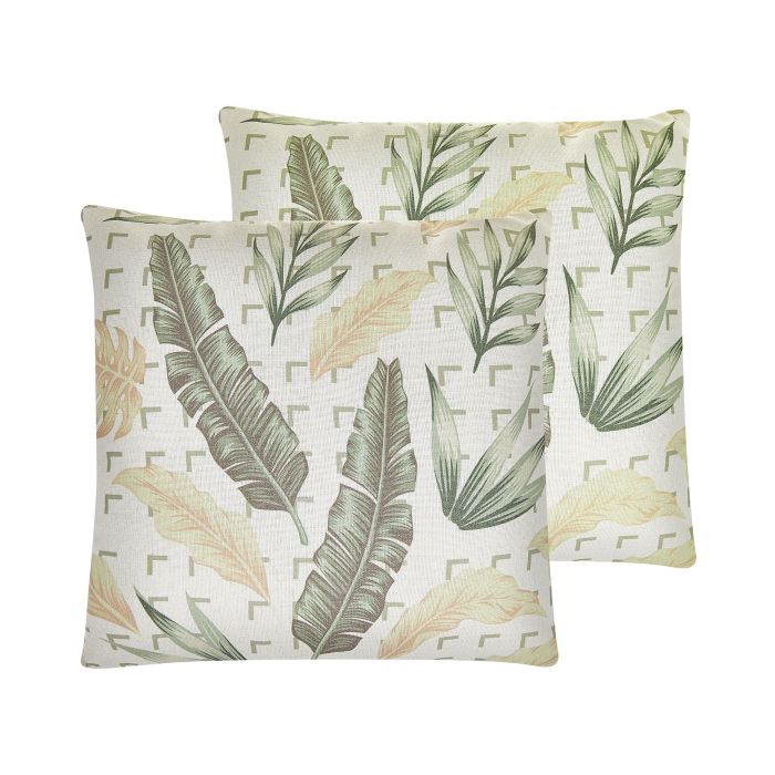 Set of 2 Cushions Leaf Pattern 45x45cm Green and Beige