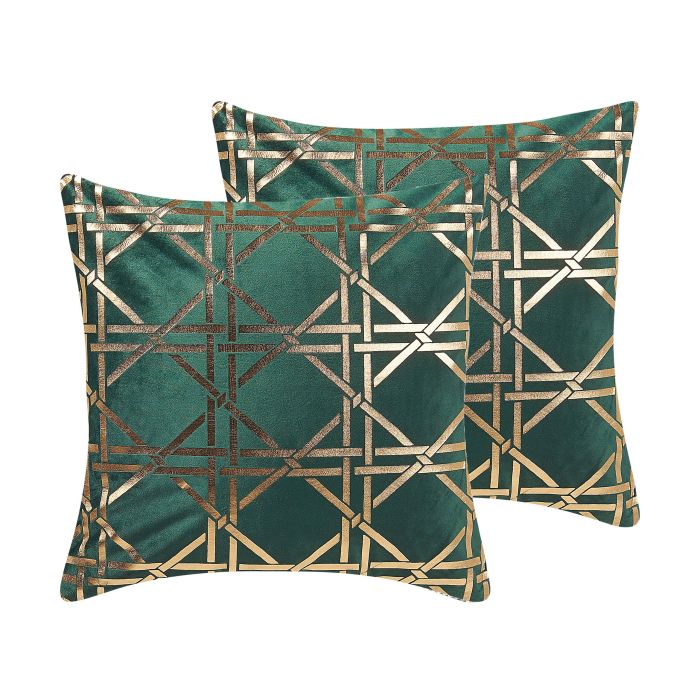 Set of 2 Cushions Geometric Pattern 45x45cm Green with Gold