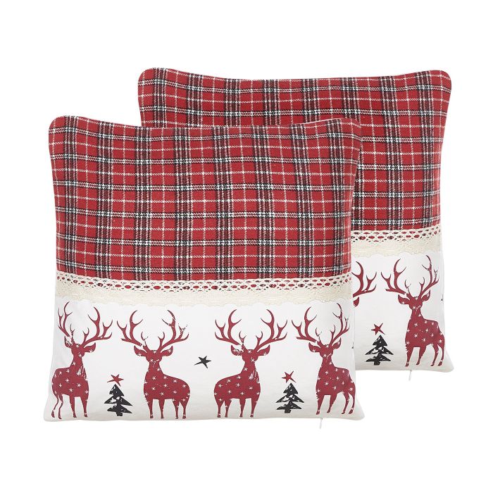 Set of 2 Cotton Cushions Reindeer Pattern 45x45cm Red