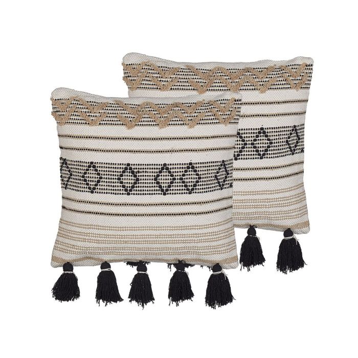 Set of 2 Cotton Cushions Geometric Pattern with Tassels 45x45cm Beige and Black