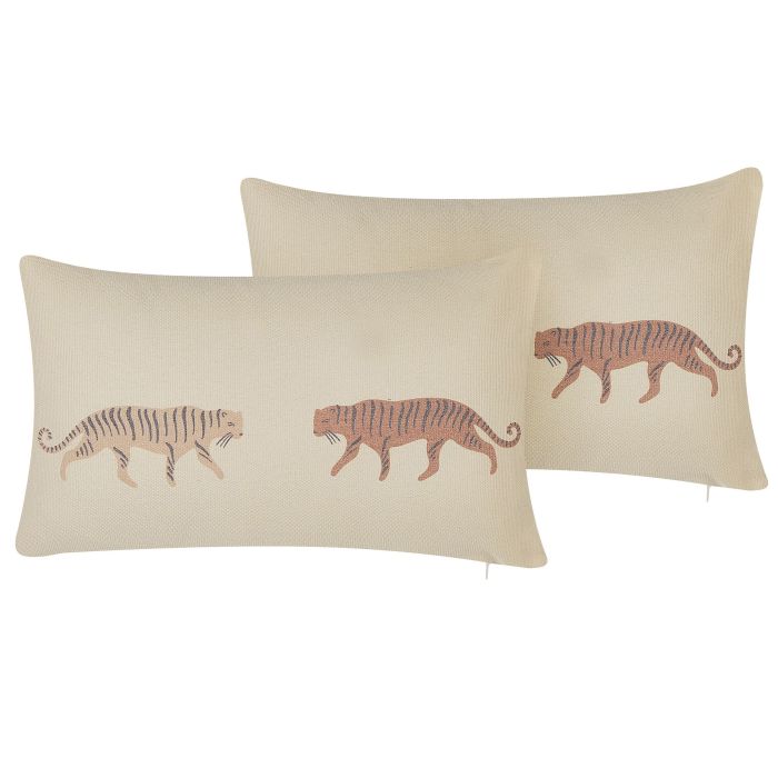 Set of 2 Cushions Tiger Motif 30x50cm Beige
