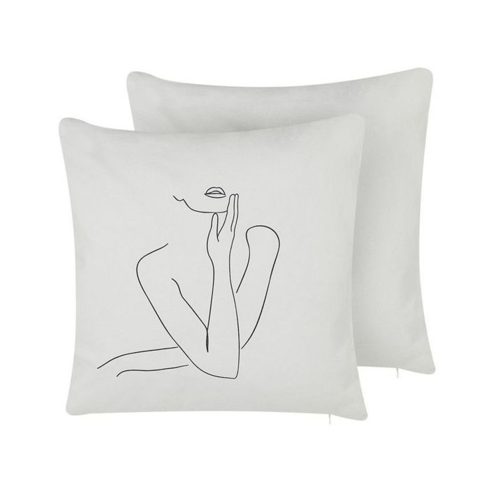 Set of 2 Cotton Cushions Female Body Line Art 45x45cm White