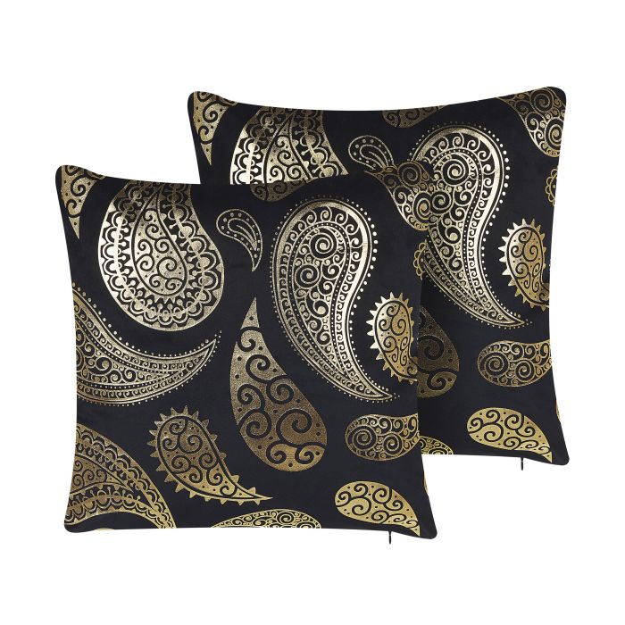 Set of 2 Velvet Cushions Paisley Pattern 45x45cm Gold and Black